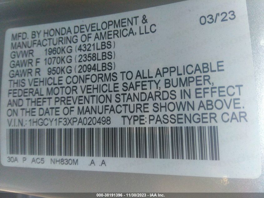 1HGCY1F3XPA020498 | 2023 HONDA ACCORD