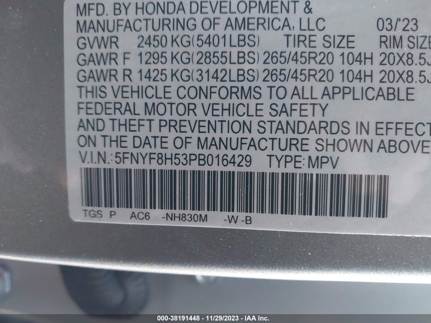 VIN 5FNYF8H53PB016429 2023 HONDA PASSPORT EXL