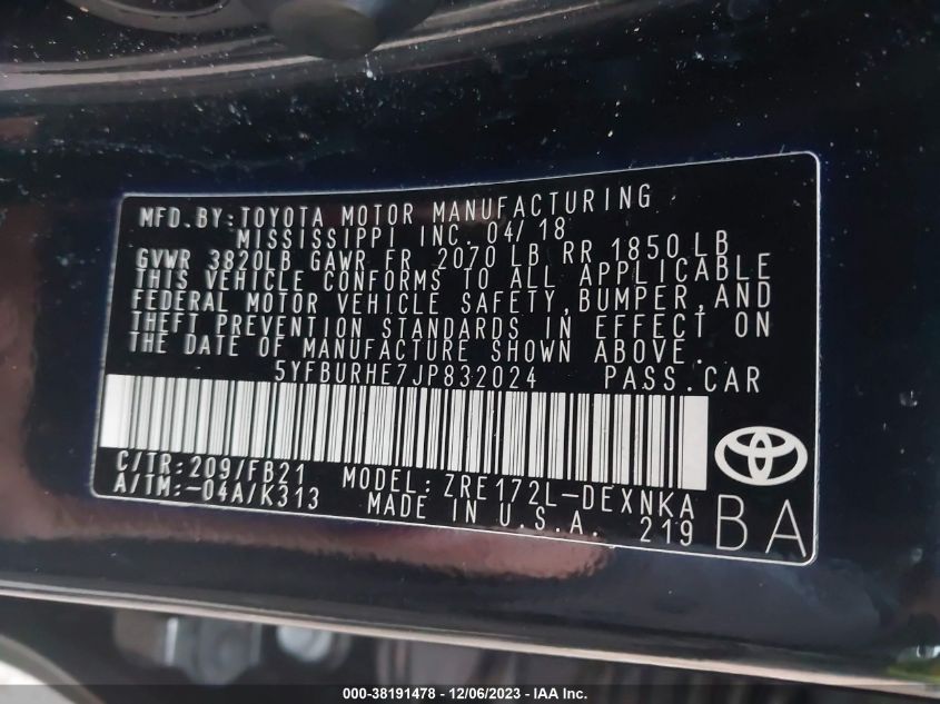 2018 TOYOTA COROLLA L/LE/XLE/SE/XSE - 5YFBURHE7JP832024