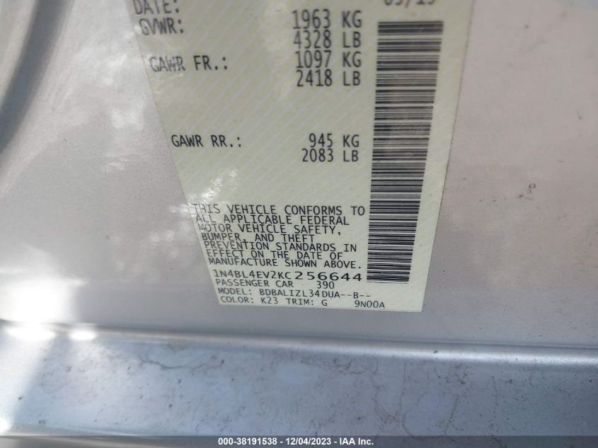 2019 NISSAN ALTIMA SL - 1N4BL4EV2KC256644