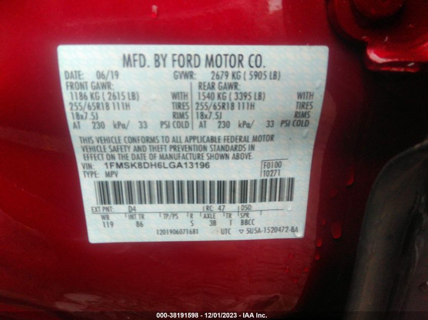 2020 FORD EXPLORER XLT - 1FMSK8DH6LGA13196