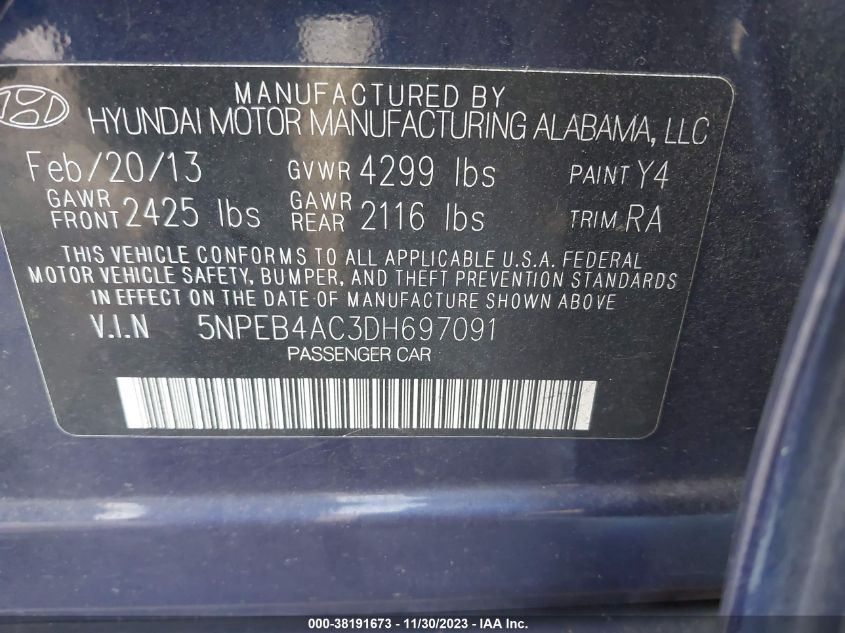 5NPEB4AC3DH697091 | 2013 HYUNDAI SONATA