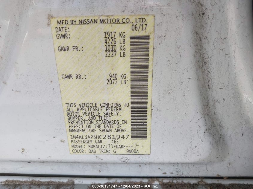 2017 NISSAN ALTIMA 2.5/S/SV/SL/SR - 1N4AL3AP5HC281947