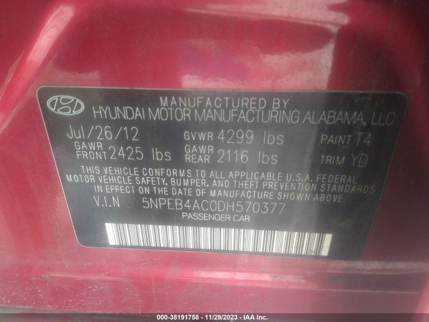 2013 HYUNDAI SONATA GLS - 5NPEB4AC0DH570377
