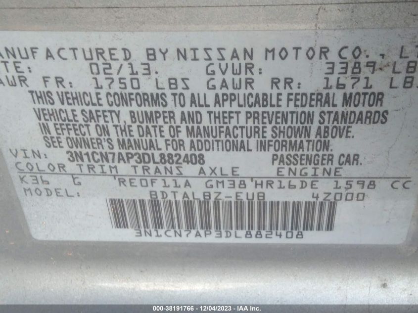 2013 NISSAN VERSA SV - 3N1CN7AP3DL882408