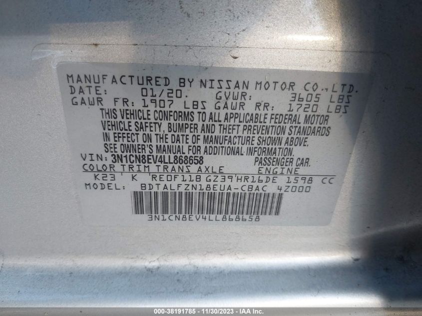 2020 NISSAN VERSA SV - 3N1CN8EV4LL868658
