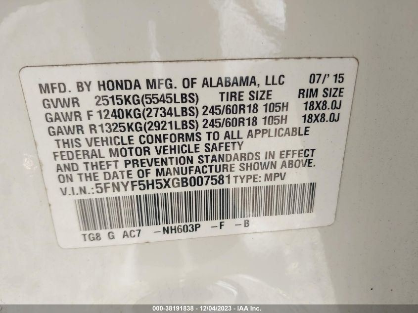 2016 HONDA PILOT EXL - 5FNYF5H5XGB007581