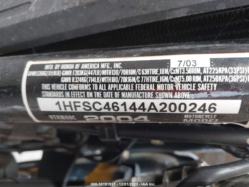 2004 HONDA VTX1800 C 1HFSC46144A200246