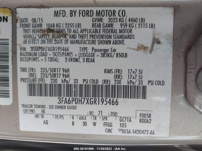 2016 FORD FUSION SE - 3FA6P0H7XGR195466