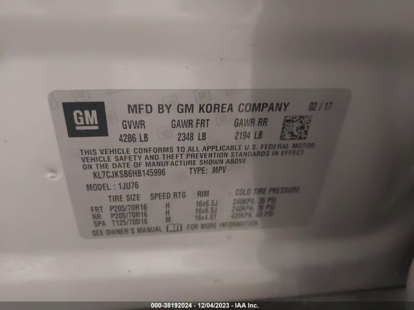 2017 CHEVROLET TRAX LS - KL7CJKSB6HB145996