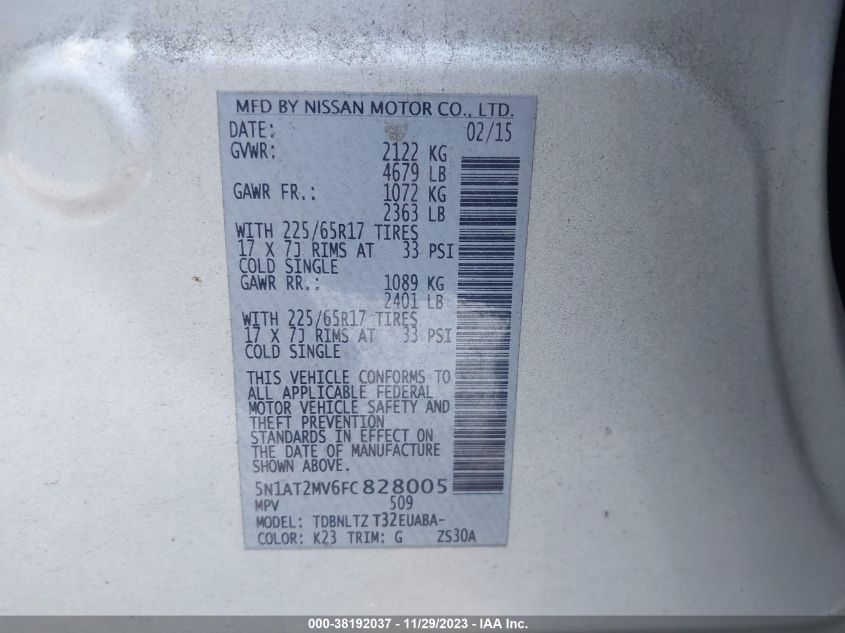 2015 NISSAN ROGUE S/SL/SV - 5N1AT2MV6FC828005