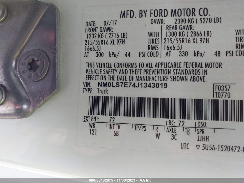 2018 FORD TRANSIT CARGO VAN NMOLS7E7J1343019