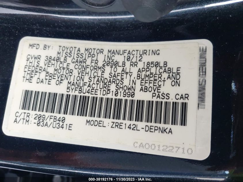 2013 TOYOTA COROLLA S/LE - 5YFBU4EE1DP101990