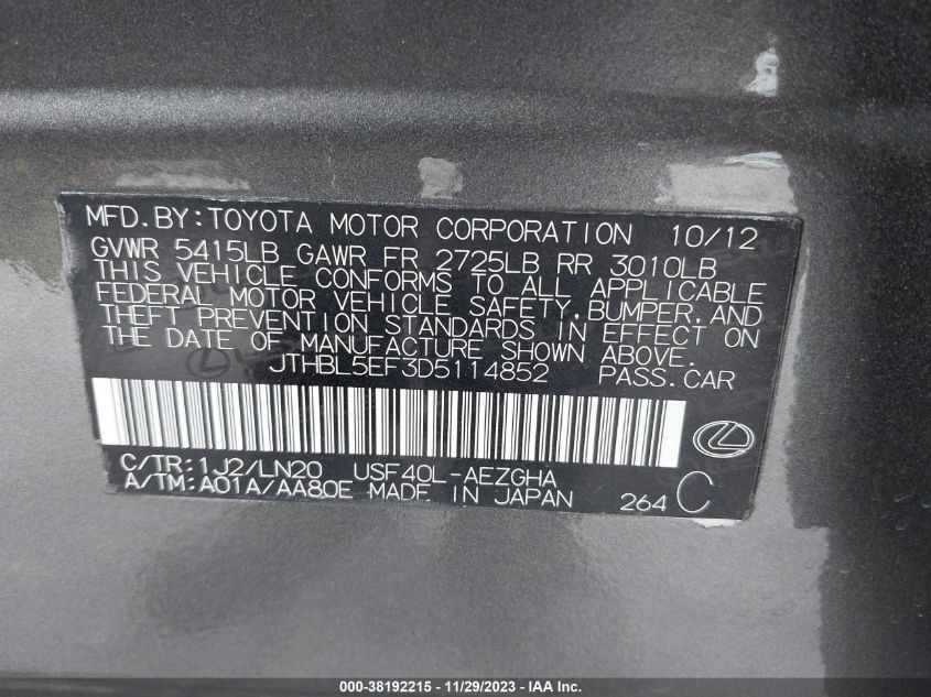2013 LEXUS LS 460 JTHBL5EF3D5114852
