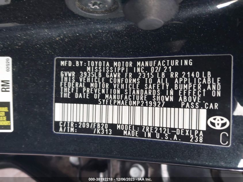 2021 TOYOTA COROLLA LE - 5YFEPMAE0MP219927