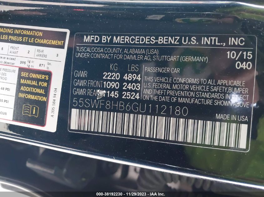 2016 MERCEDES-BENZ AMG C 63 S 55SWF8HB6GU112180