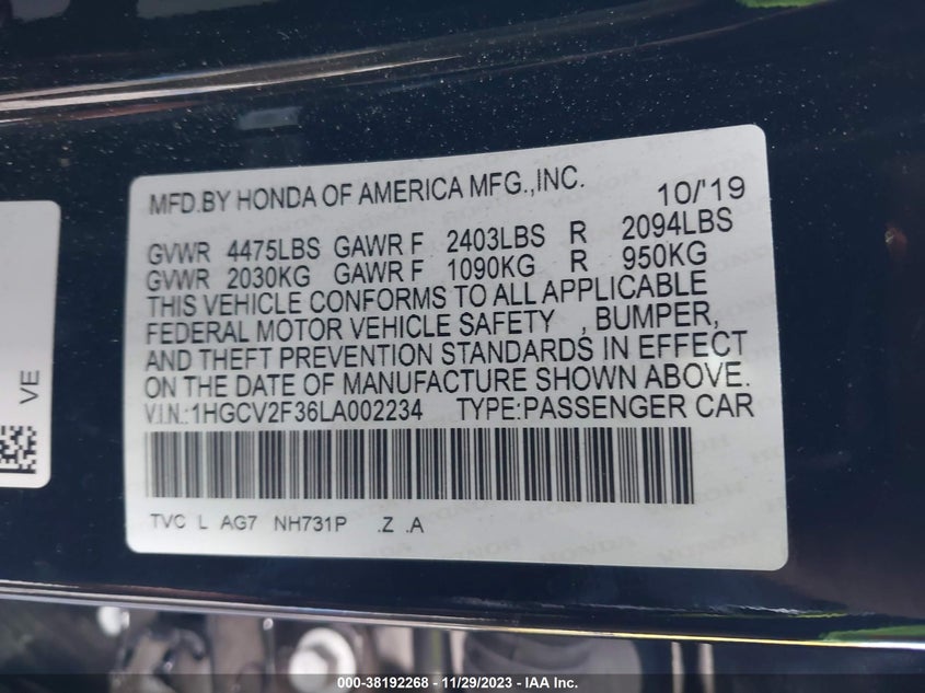 VIN 1HGCV2F36LA002234 2020 HONDA ACCORD SPORT