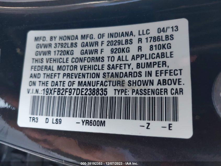 2013 HONDA CIVIC SDN EX-L 19XFB2F97DE238835