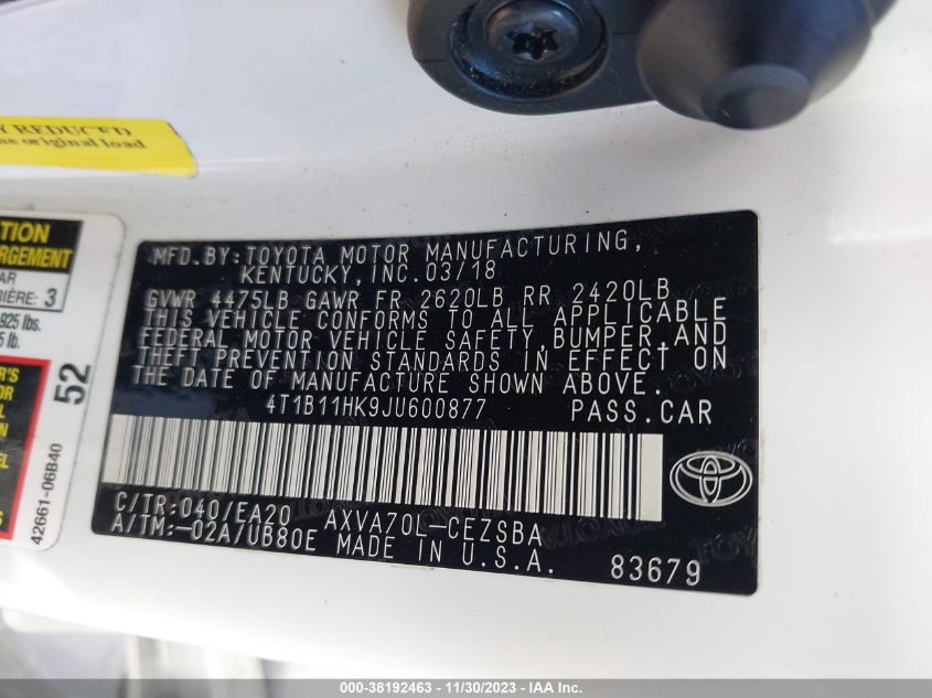 2018 TOYOTA CAMRY SE - 4T1B11HK9JU600877