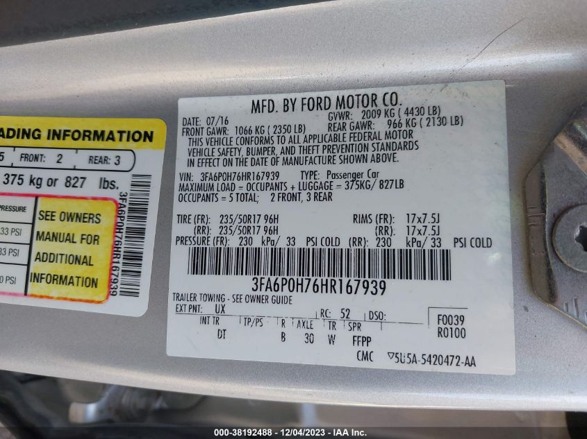 2017 FORD FUSION SE - 3FA6P0H76HR167939