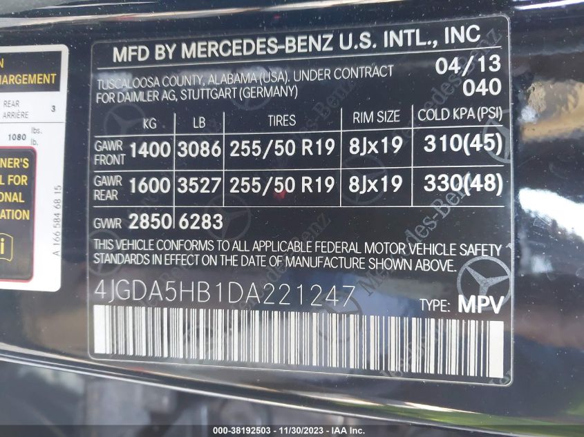 2013 MERCEDES-BENZ ML 350 4JGDA5HB1DA221247