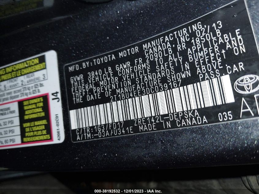 2013 TOYOTA COROLLA S - 2T1BU4EE3DC039167