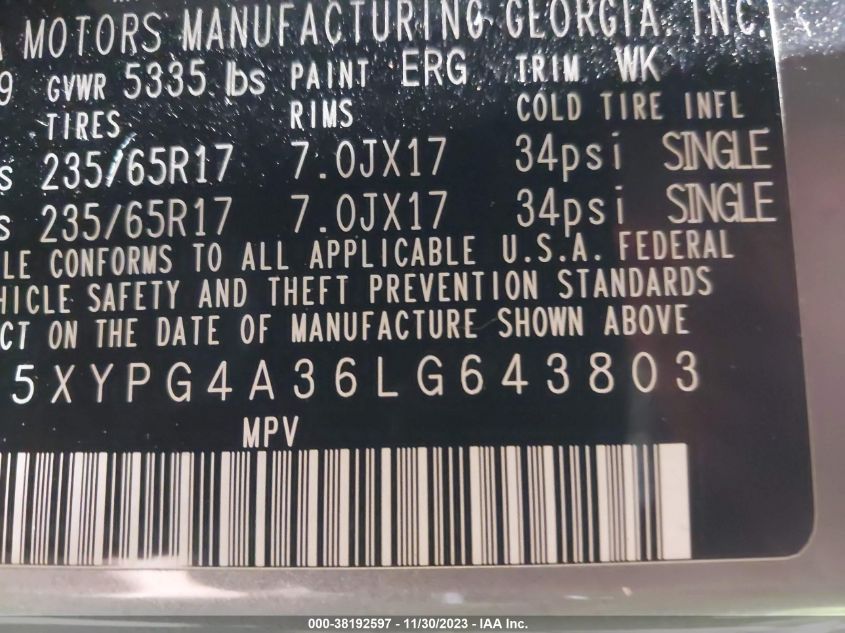 2020 KIA SORENTO L/LX - 5XYPG4A36LG643803