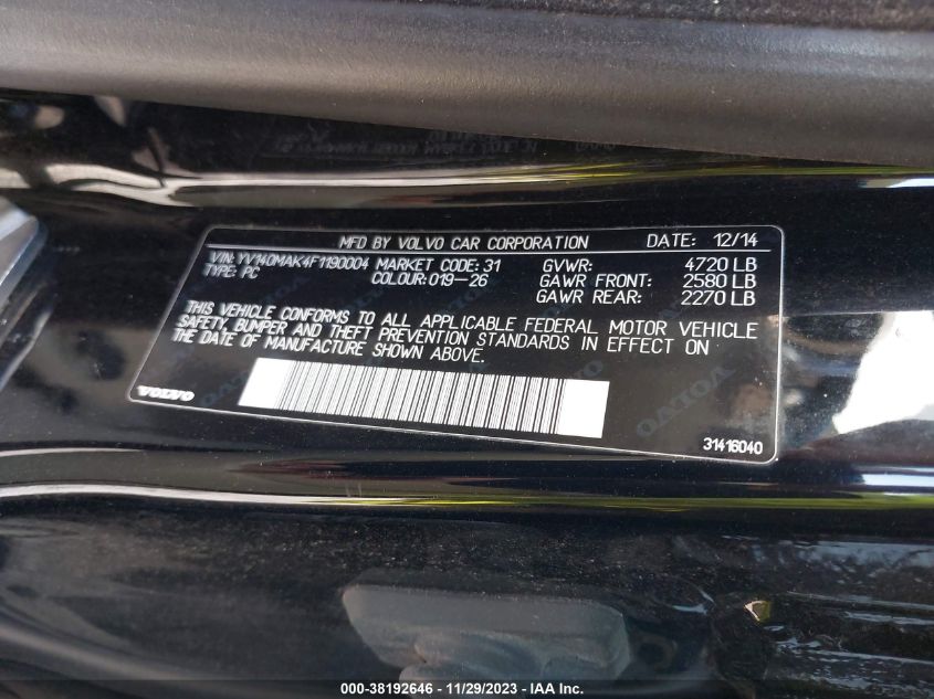 2015 VOLVO S80 T5 YV140MAK4F1190004
