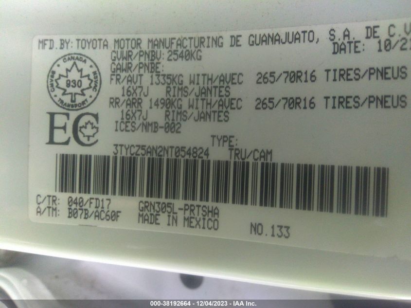 2022 TOYOTA TACOMA DOUBLE CAB/SR/SR5/TRD SPO - 3TYCZ5AN2NT054824