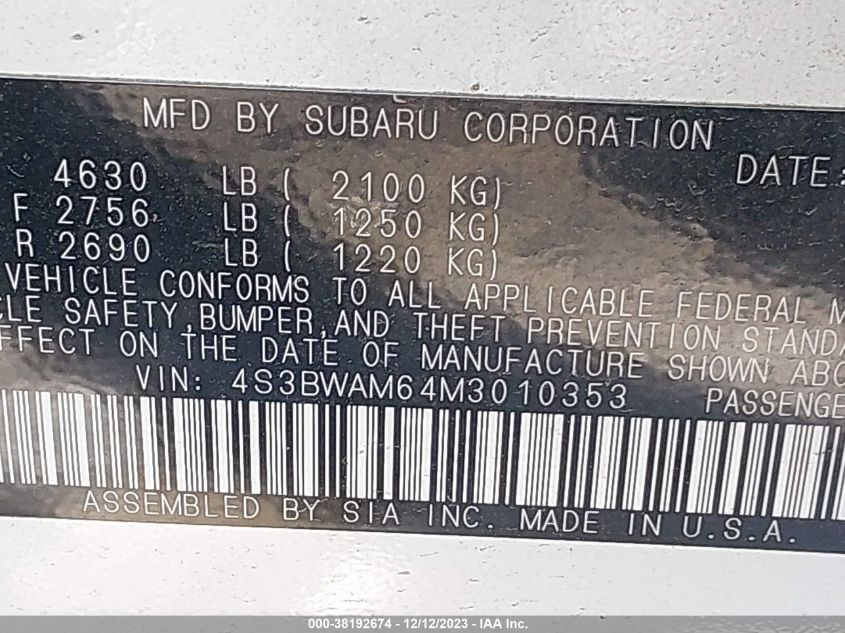 2021 SUBARU LEGACY LIMITED - 4S3BWAM64M3010353