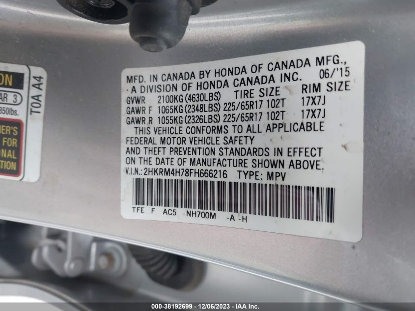 2015 HONDA CR-V EXL - 2HKRM4H78FH666216