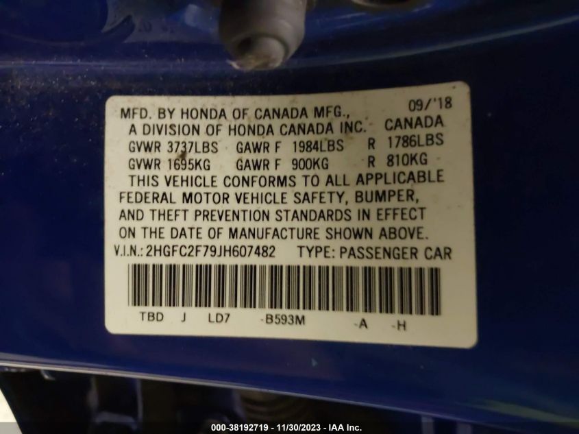 2018 HONDA CIVIC EX - 2HGFC2F79JH607482