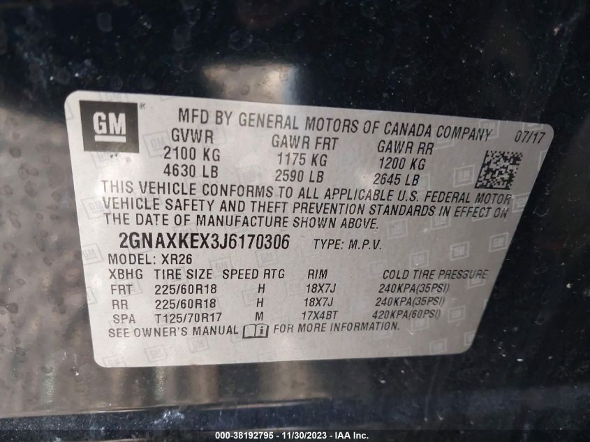 2018 CHEVROLET EQUINOX LT - 2GNAXKEX3J6170306