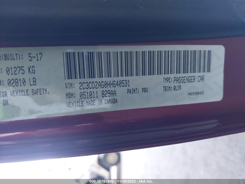 VIN 2C3CDZAG0HH640531 2017 DODGE CHALLENGER SXT