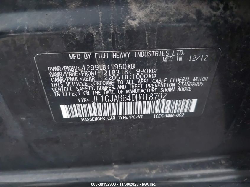2013 SUBARU IMPREZA PREMIUM - JF1GJAB64DH018792