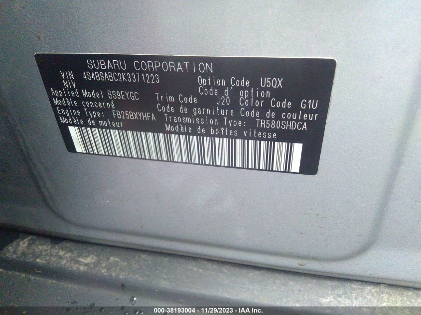 2019 SUBARU OUTBACK 2.5I - 4S4BSABC2K3371223