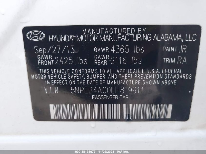 2014 HYUNDAI SONATA GLS - 5NPEB4AC0EH819911