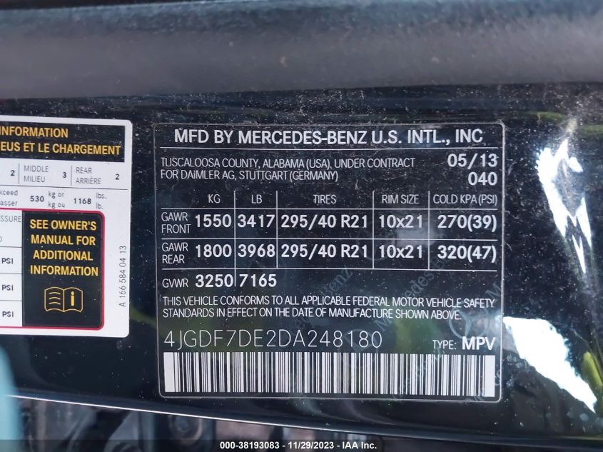 2013 MERCEDES-BENZ GL 550 4JGDF7DE2DA248180