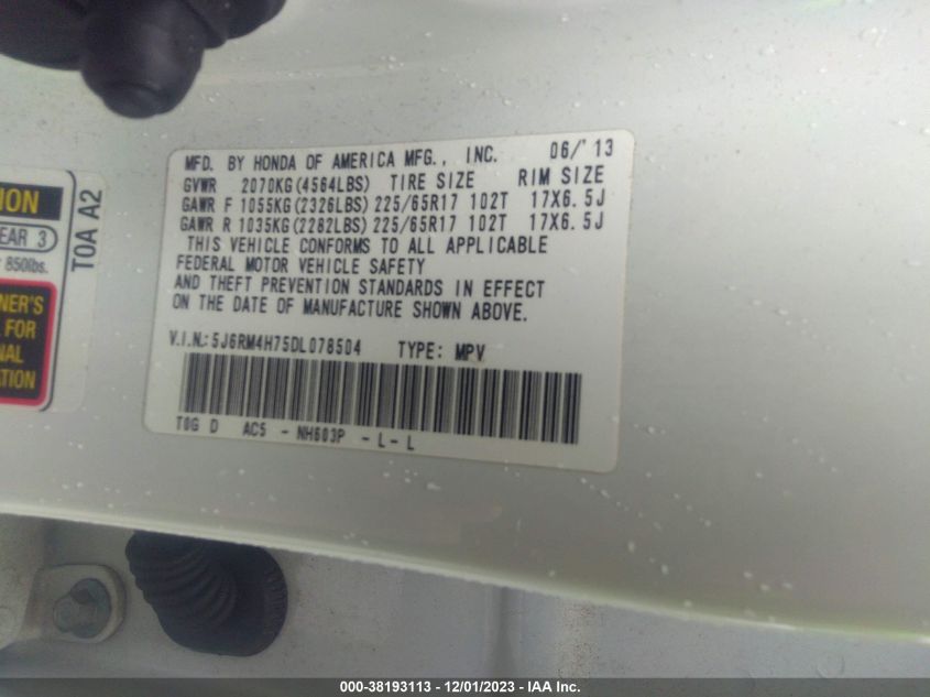 2013 HONDA CR-V EX-L - 5J6RM4H75DL078504