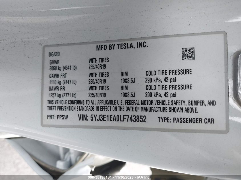 2020 TESLA MODEL 3 - 5YJ3E1EA0LF743852