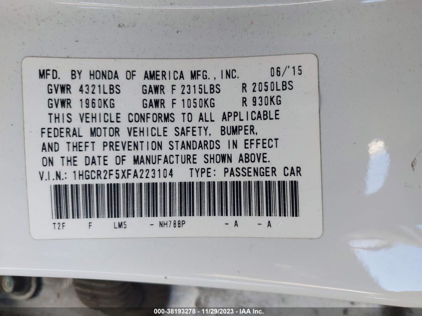 2015 HONDA ACCORD SPORT - 1HGCR2F5XFA223104