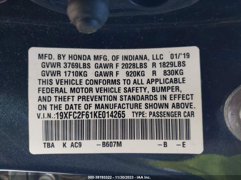 2019 HONDA CIVIC LX - 19XFC2F61KE014265