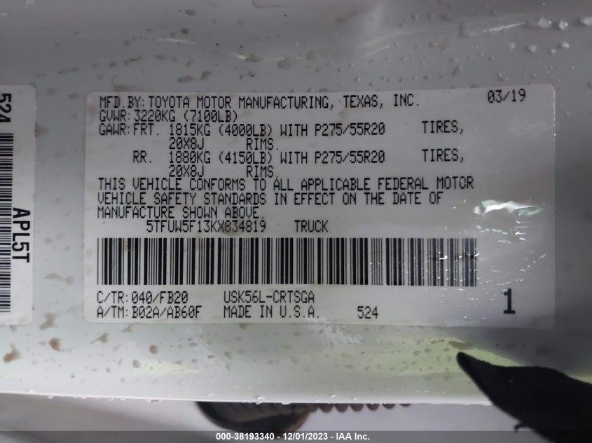 2019 TOYOTA TUNDRA DOUBLE CAB SR/SR5 - 5TFUW5F13KX834819