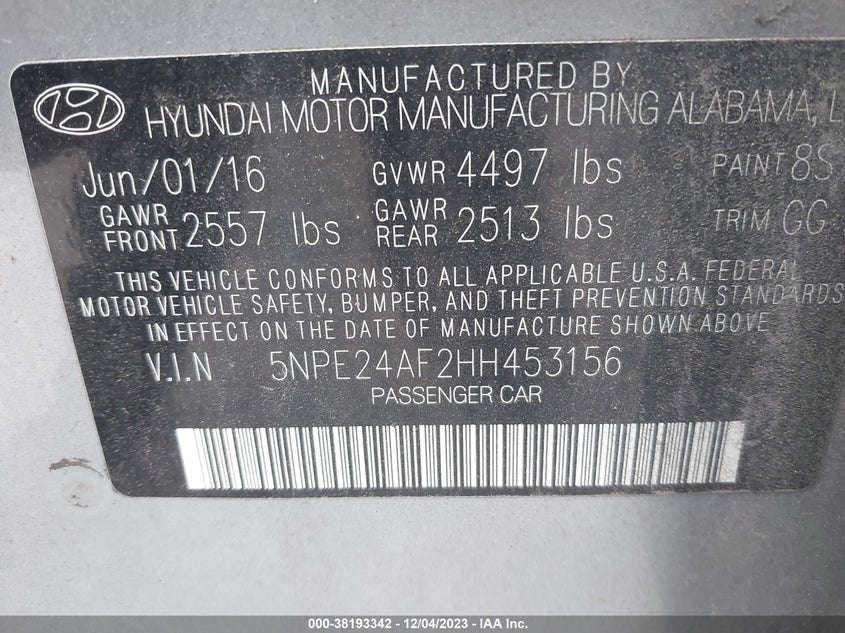 VIN 5NPE24AF2HH453156 2017 HYUNDAI SONATA SE