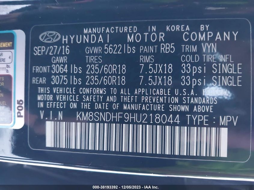 2017 HYUNDAI SANTA FE SE/LIMITED - KM8SNDHF9HU218044