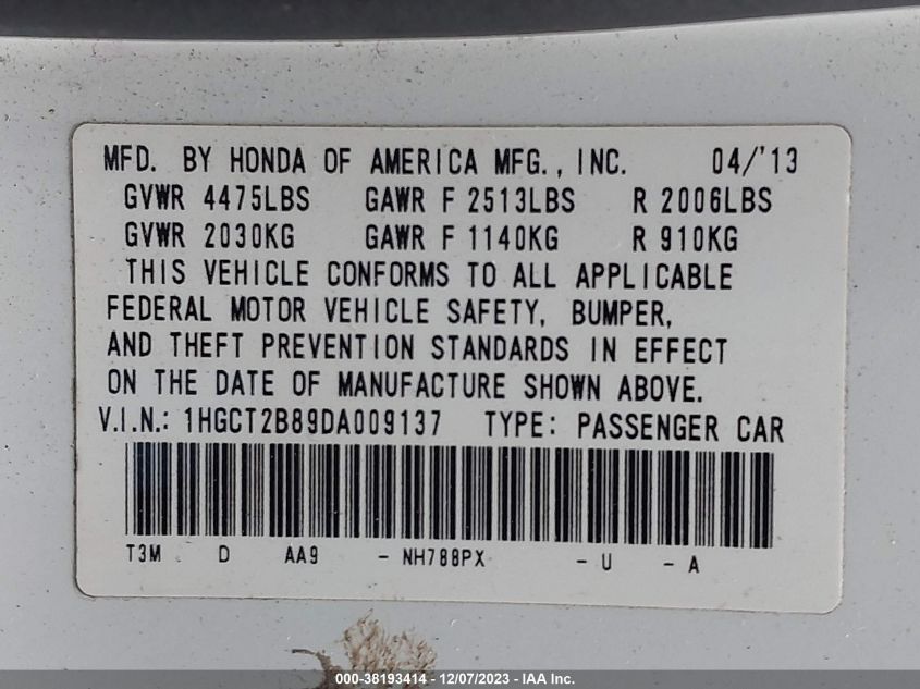 2013 HONDA ACCORD EX-L V-6 - 1HGCT2B89DA009137