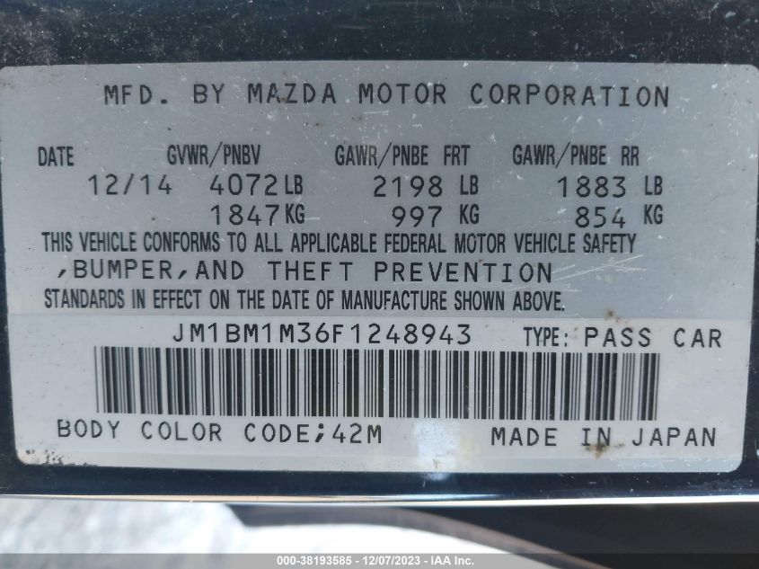 2015 MAZDA MAZDA3 S GRAND TOURING - JM1BM1M36F1248943