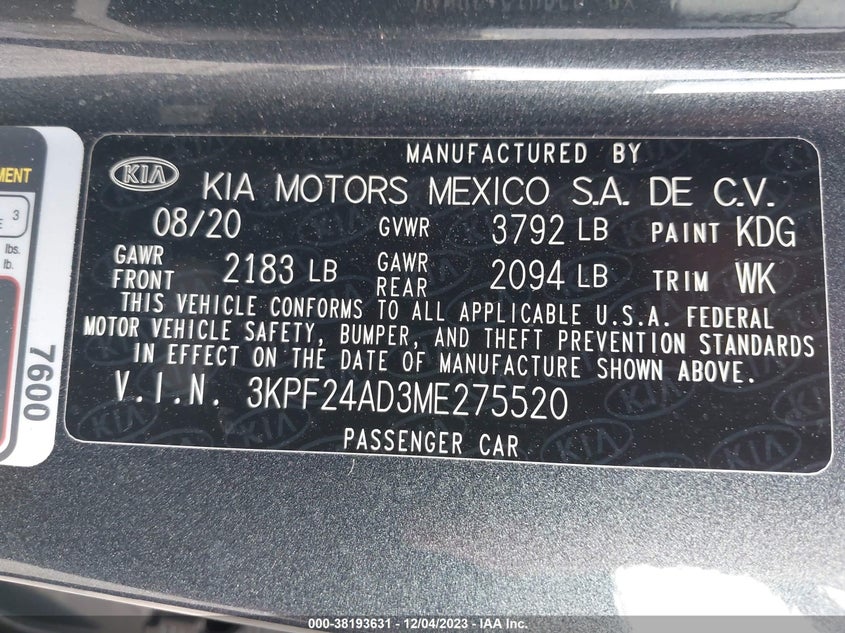 VIN 3KPF24AD3ME275520 2021 KIA FORTE FE