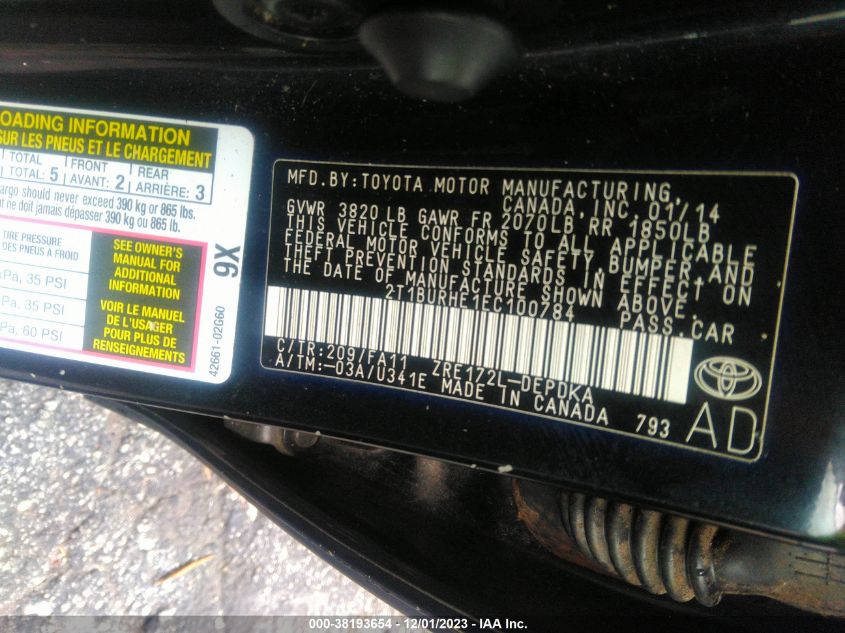 2014 TOYOTA COROLLA L/LE/LE PLS/PRM/S/S PLS - 2T1BURHE1EC100782