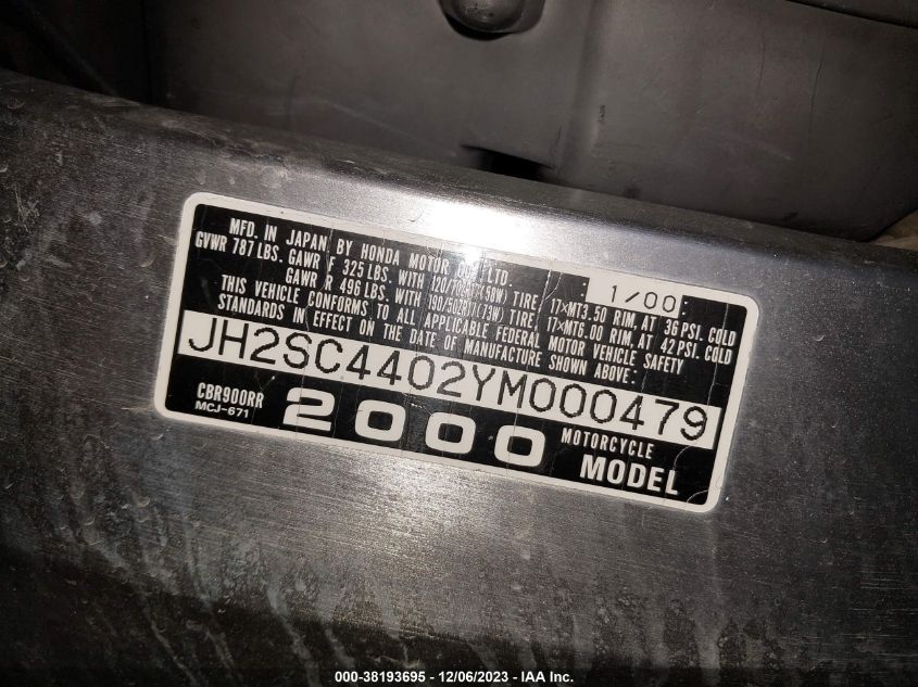 2000 HONDA CBR900 RR - JH2SC4402YM000479
